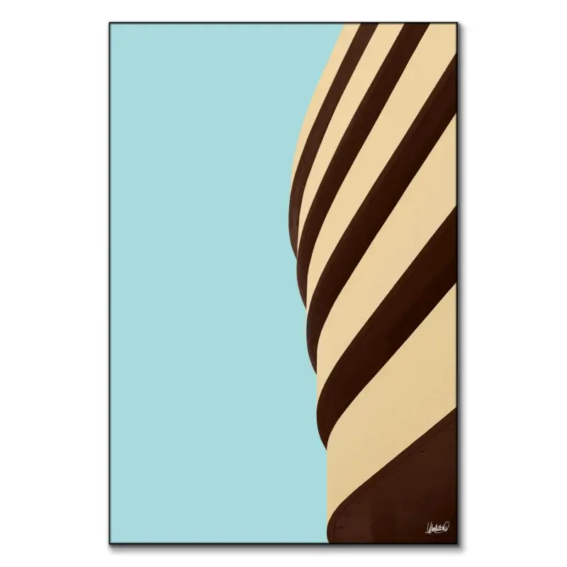 Curving striped architectural facade in beige and dark brown against a light blue background.
