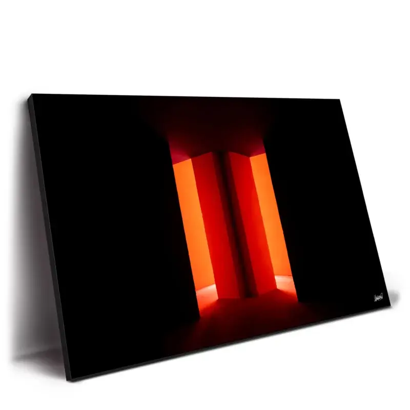 Dark hallway with dramatic orange lighting and deep shadows.