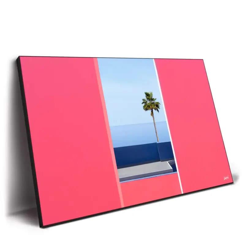 Palm tree framed by minimal pink walls with a blue sea and sky background.