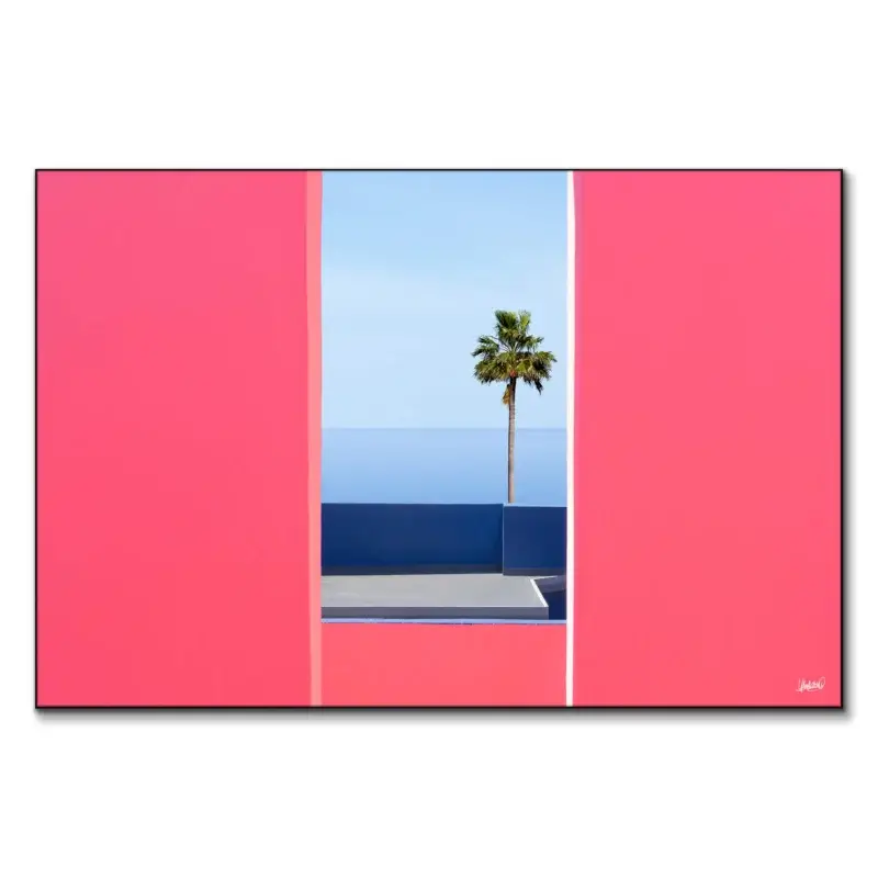 Palm tree framed by pink walls with a blue sea and sky background, creating a serene scene.