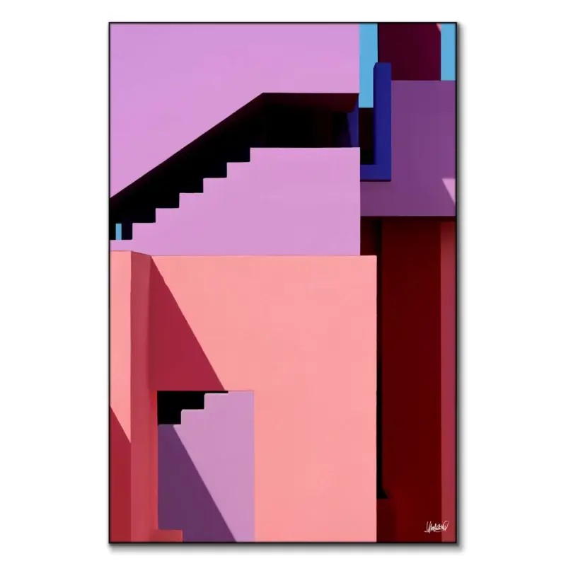 Colorful geometric building with pink, purple, and red blocks and shadowed stairs.