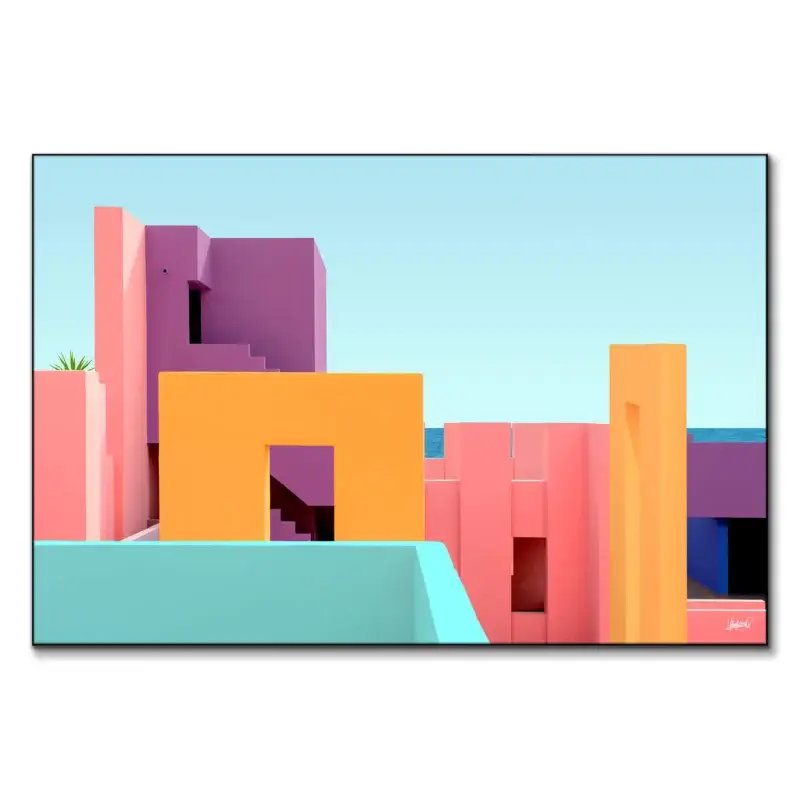 Dreamlike colored architecture with a sea view, featuring orange, pink, and purple structures.