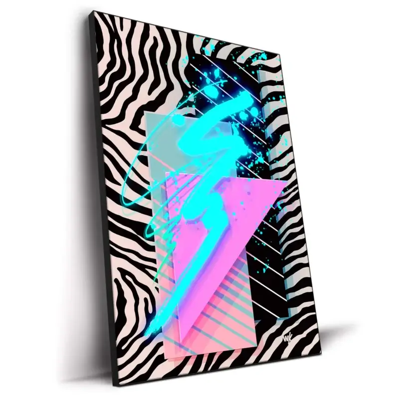 80's aesthetic art with zebra print, geometric shapes, and neon brushstrokes.