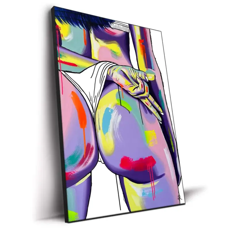 Colorful artwork of a woman's lower back and hips with with a hand making a peace sign.