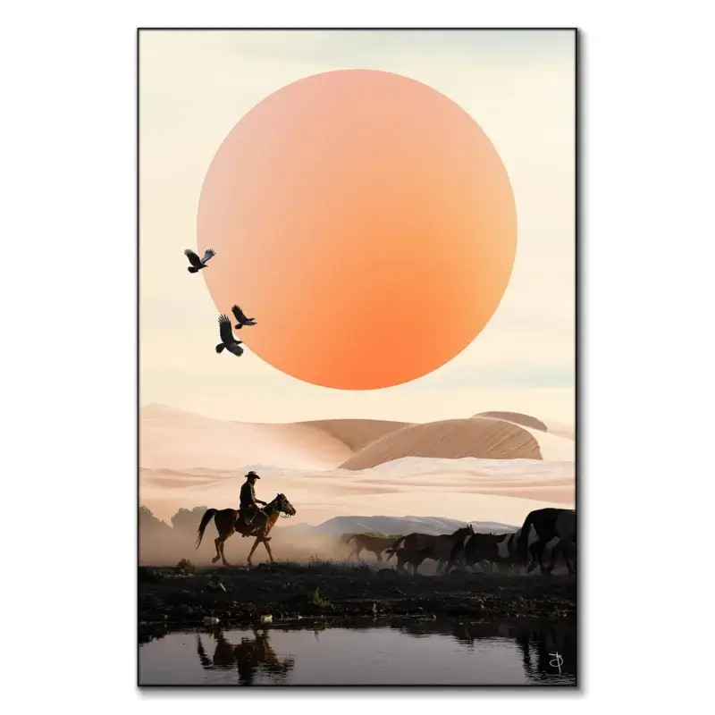 Cowboy riding a horse at sunset, guiding cattle in a desert landscape with an orange sun and flying birds.