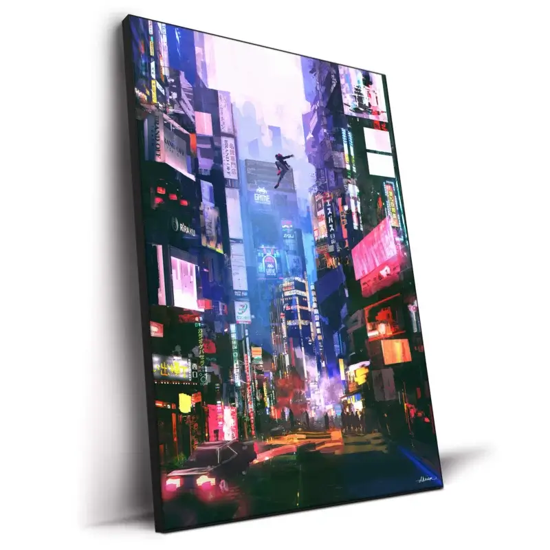Colorful urban artwork of Miles Morales leaping through a neon-lit cityscape.