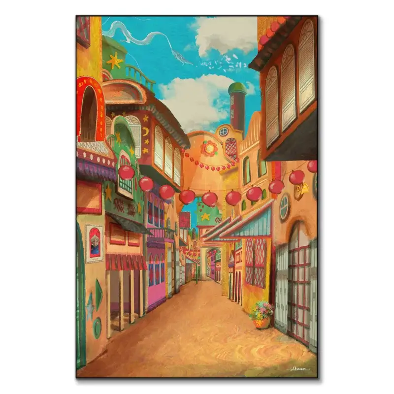 Brightly colored village painting featuring charming buildings and decorative elements