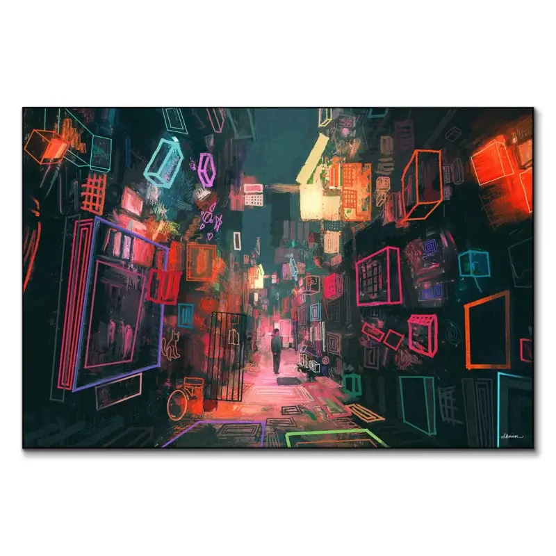 Dynamic vibrant city traveler painting featuring silhouettes amidst colorful skyscrapers and bustling street life.