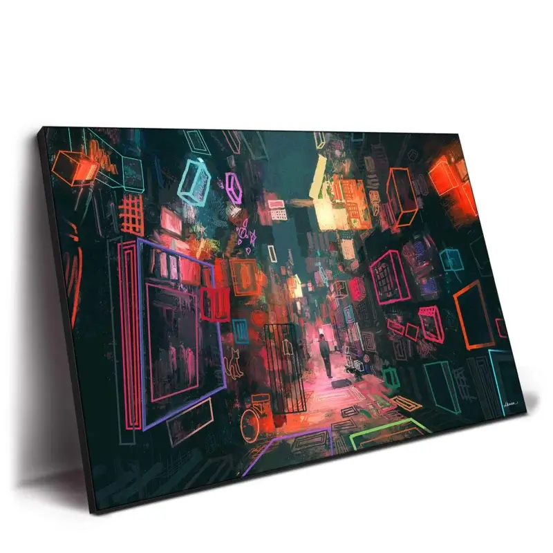 Dynamic vibrant city traveler painting featuring silhouettes amidst colorful skyscrapers and bustling street life.