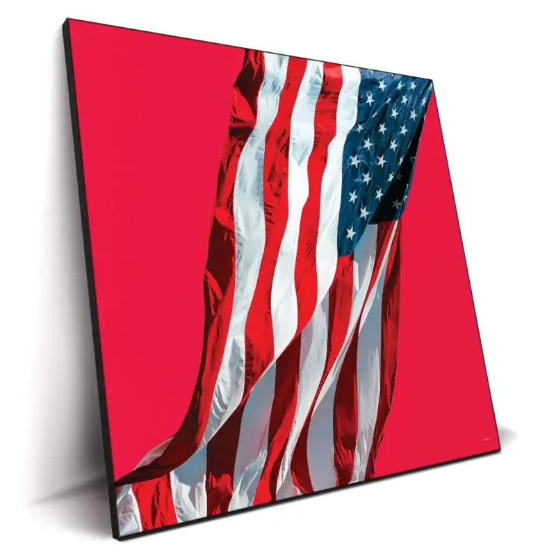 American flag displayed against a bold red background, creating a striking visual impact.