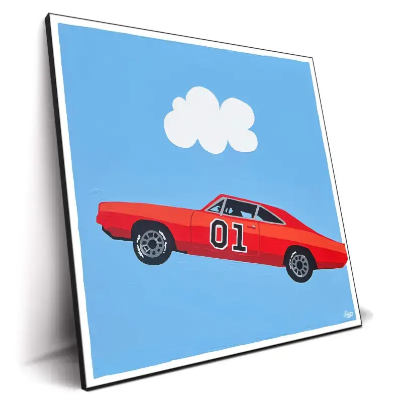 Artwork of the General Lee car from "The Dukes of Hazzard," set against a blue sky.