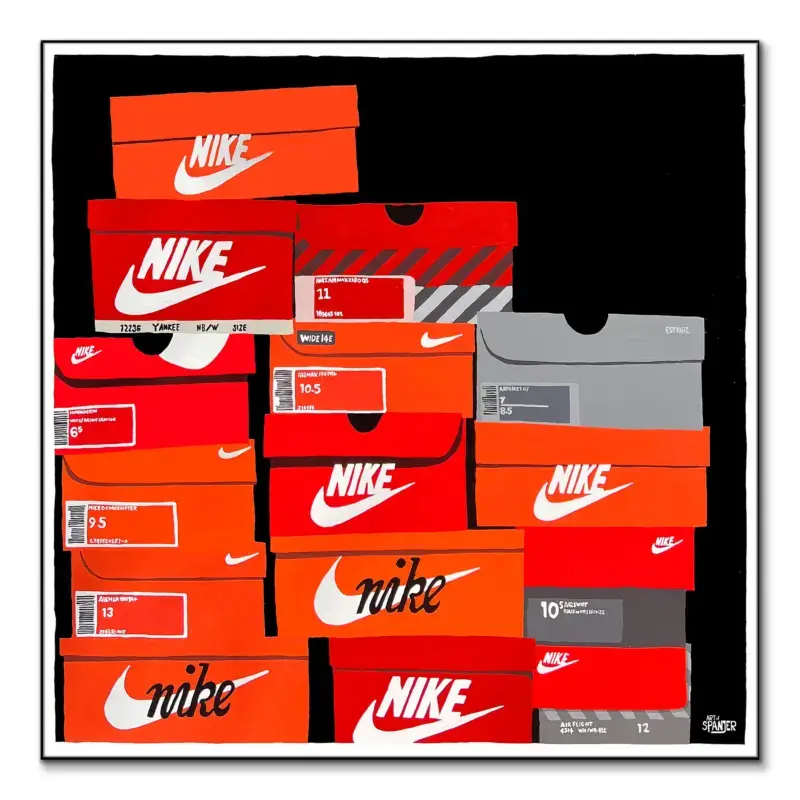Colorful artwork featuring a collection of Nike shoe boxes in various colors.