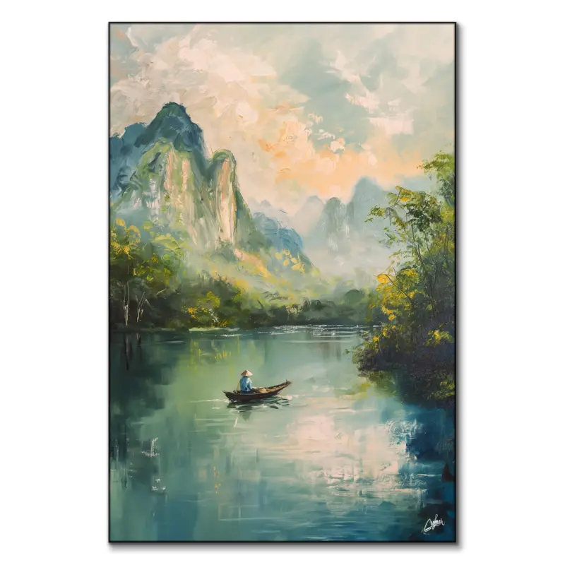 A tranquil Asian river landscape painting with calm waters reflecting greenery and mountains in the background.