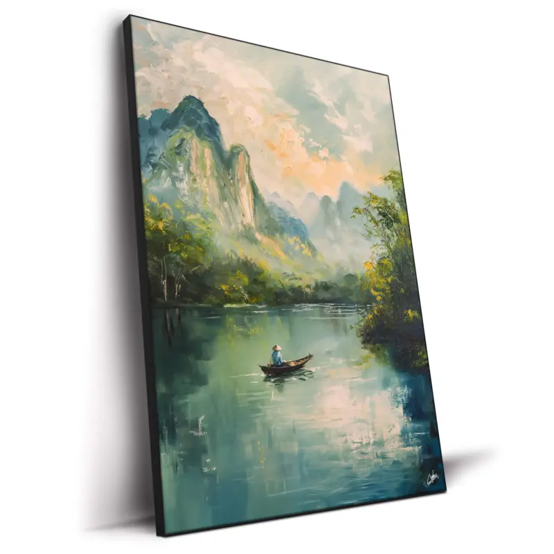 A tranquil Asian river landscape painting with calm waters reflecting greenery and mountains in the background.