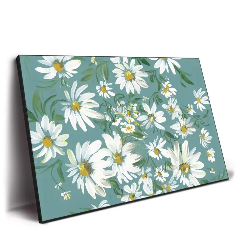 White daisies on a teal background, highlighting the simplicity and beauty of the flowers.