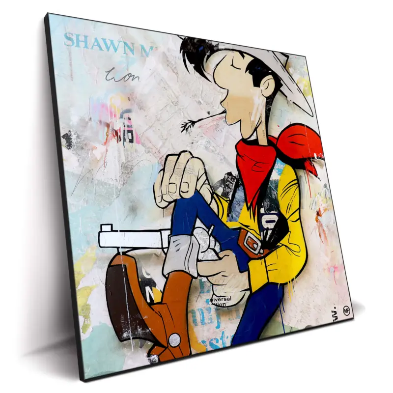 A cartoon cowboy character with a gun and bandana, illustrated in bright colors, set against a mixed media background.