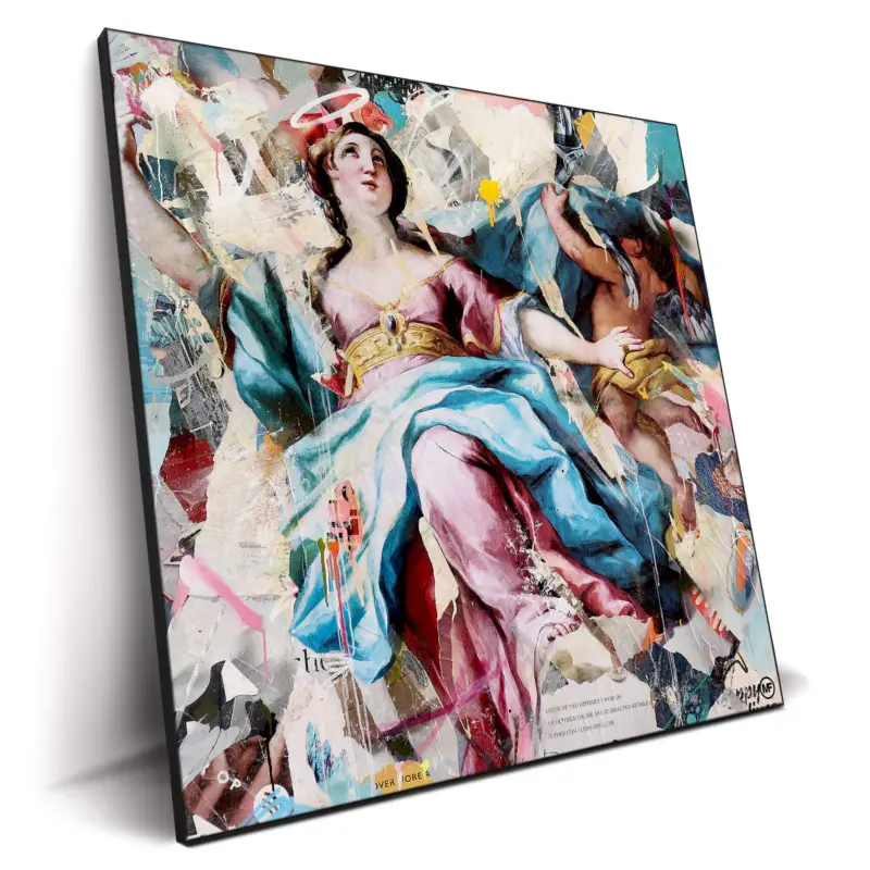 An angelic figure from a classical painting, reimagined with bright colors and abstract textures.