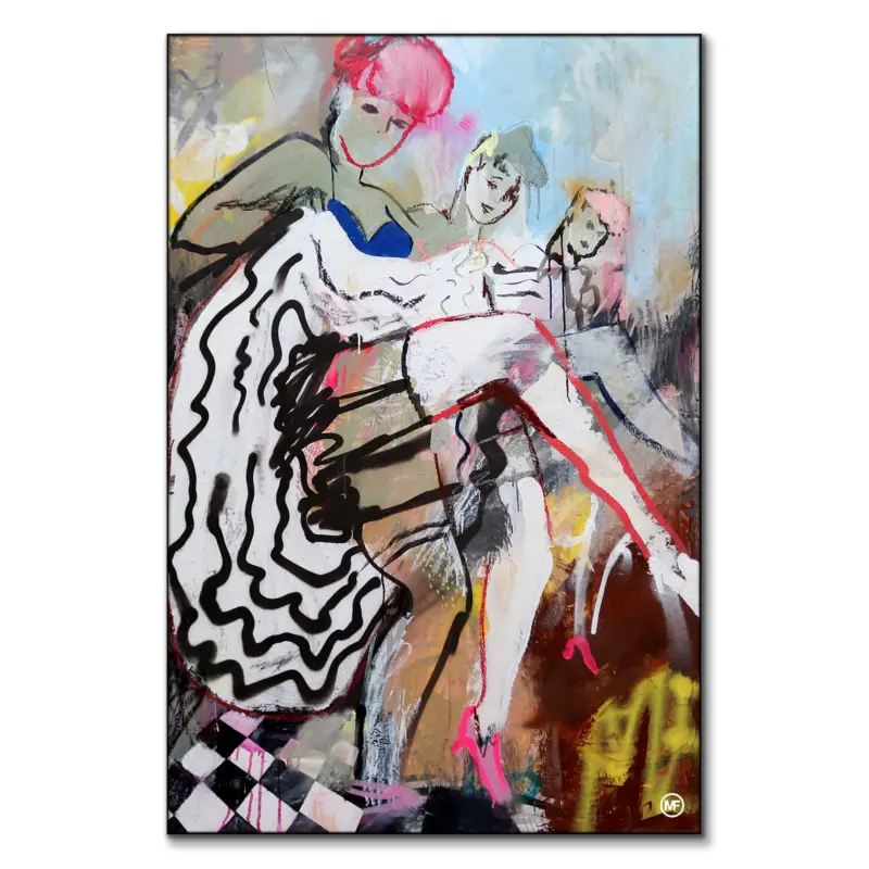Abstract painting of women dancing in vibrant colors and dynamic forms, creating a lively composition.