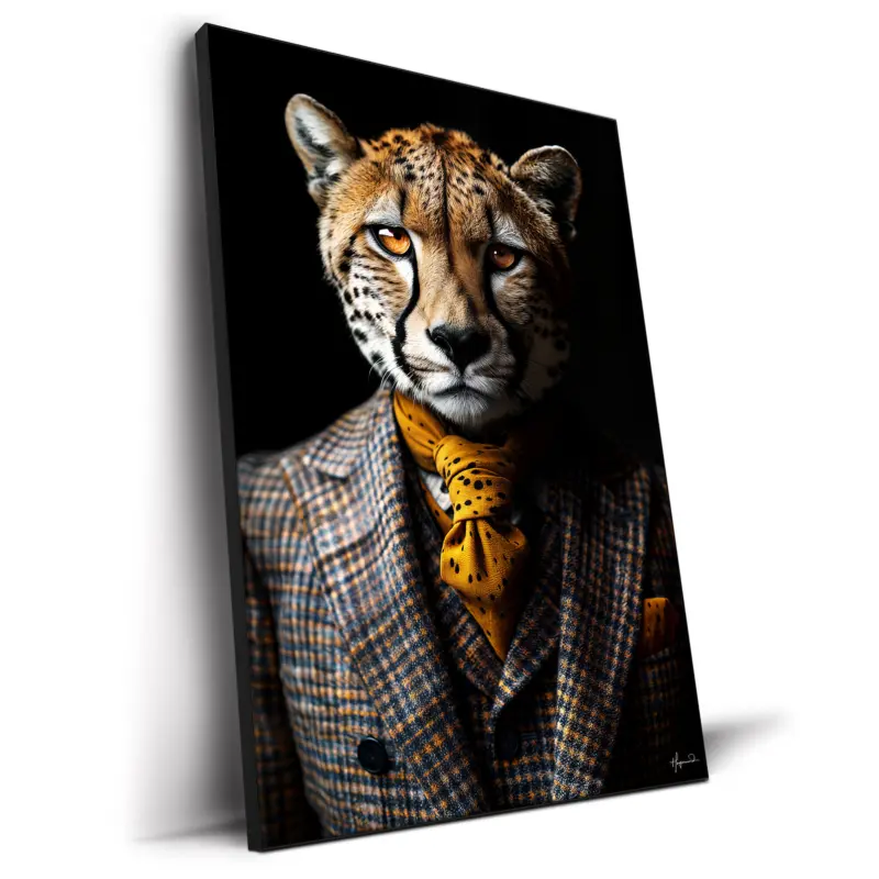 A cheetah in a plaid suit and spotted tie, with intense eyes and distinct fur patterns, set against a black background.