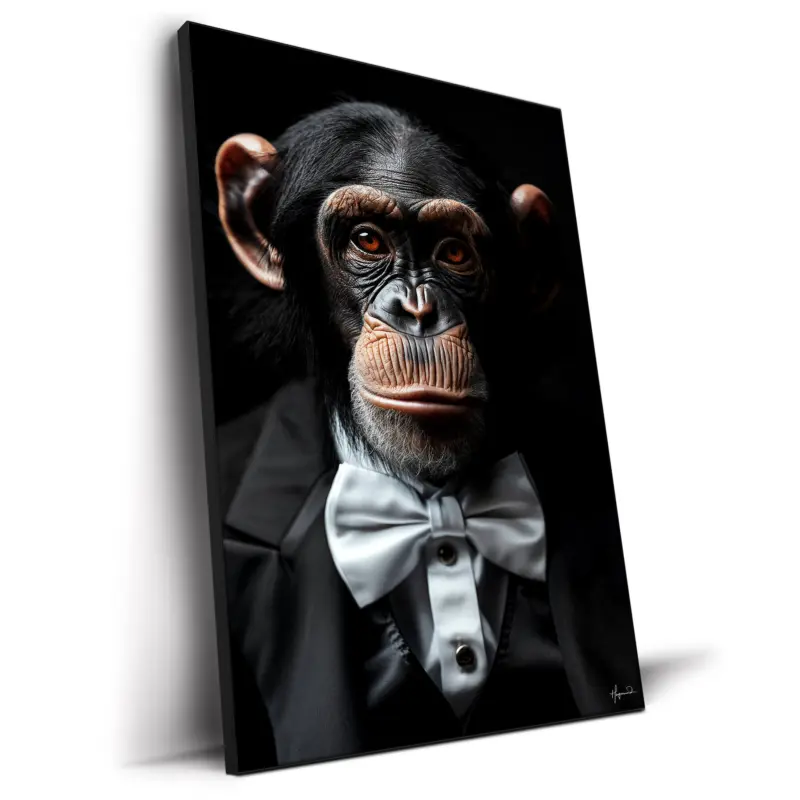 A chimpanzee in a tuxedo with a bow tie, displaying detailed facial features, set against a black background.