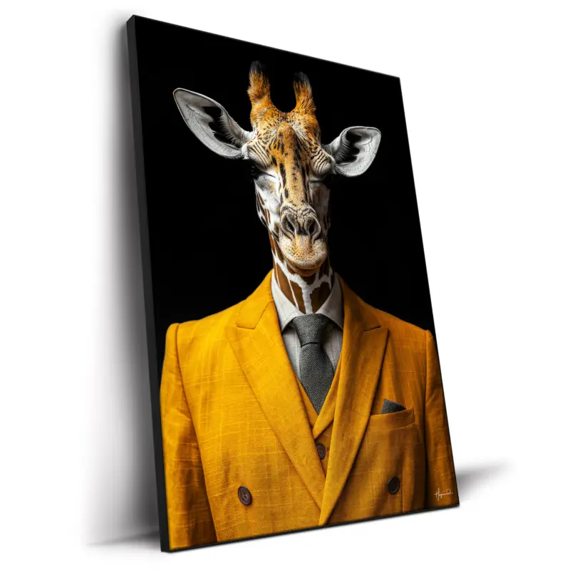 A giraffe in a yellow suit and tie, with large ears and a patterned face, set against a black background.
