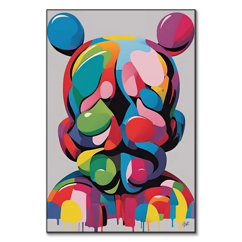 Abstract artwork of Mickey Mouse featuring colorful shapes and playful design.