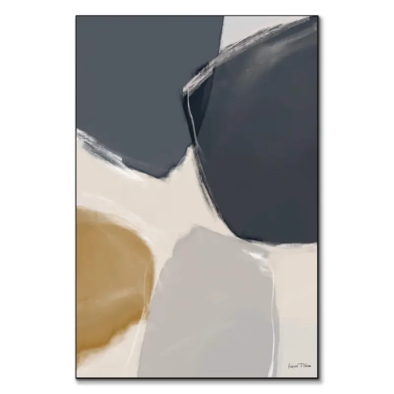 Abstract artwork with smooth blending of navy, beige, and gray hues, forming soft organic shapes and a harmonious flow.