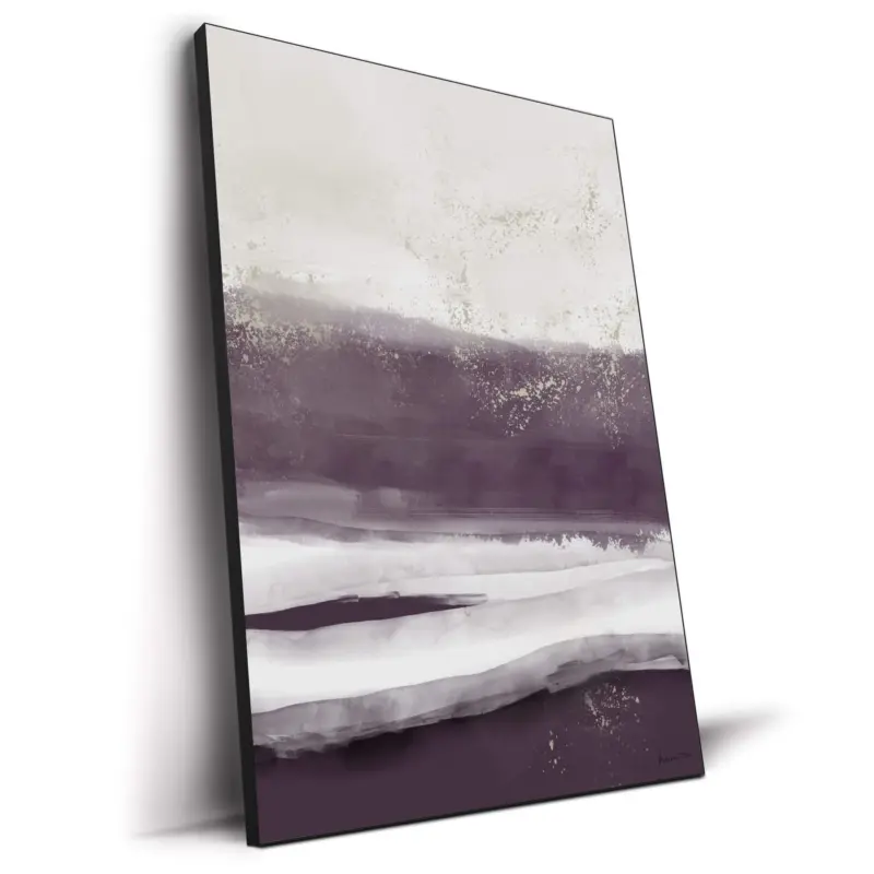 Abstract artwork featuring soft purple, violet, and gray hues, with fluid brushstrokes and a sense of gentle movement.