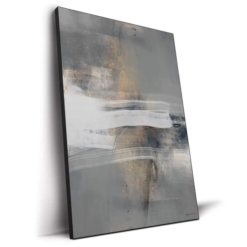 Abstract artwork with sweeping white brushstrokes over a textured gray and blue background, accented with metallic gold for depth and contrast.