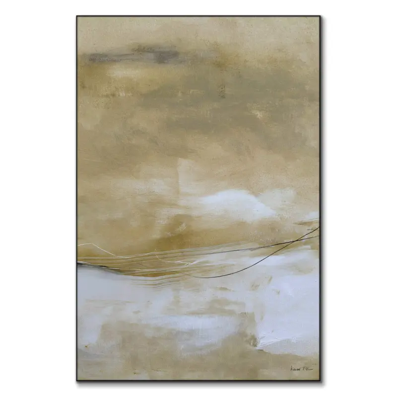 Abstract artwork with a soft beige background, subtle textures, and delicate gold lines creating flowing movement across the canvas.
