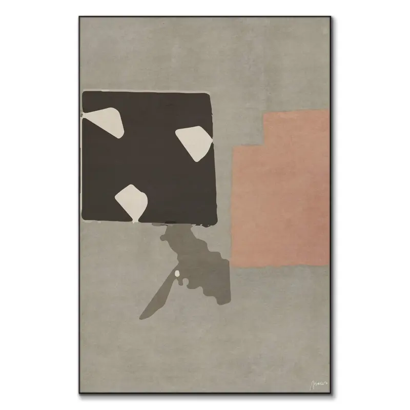 Minimalist abstract artwork featuring geometric black, tan, and grey shapes in modern design.