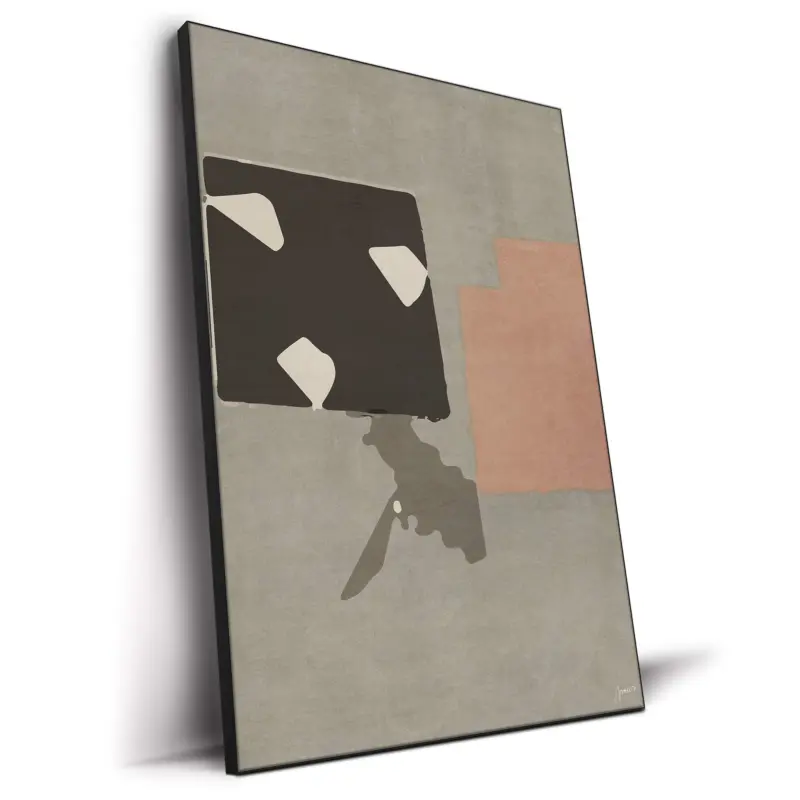 Minimalist abstract artwork featuring geometric black, tan, and grey shapes in modern design.