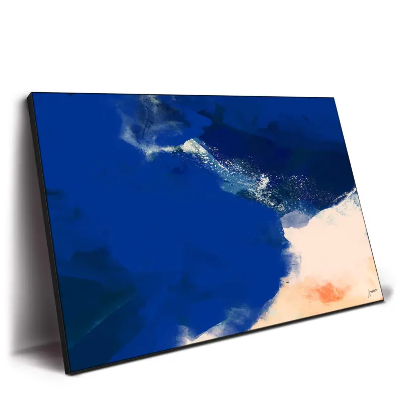 Contemporary abstract art in vibrant blue, coral, and white tones.