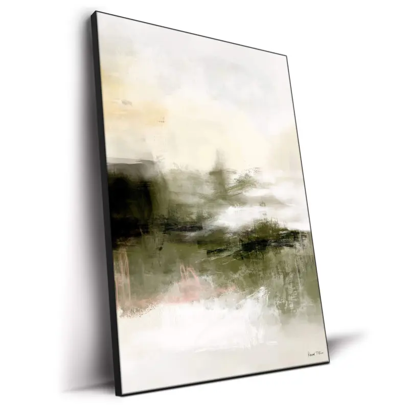 Abstract artwork blending olive green and white with fluid brushstrokes and subtle textures.