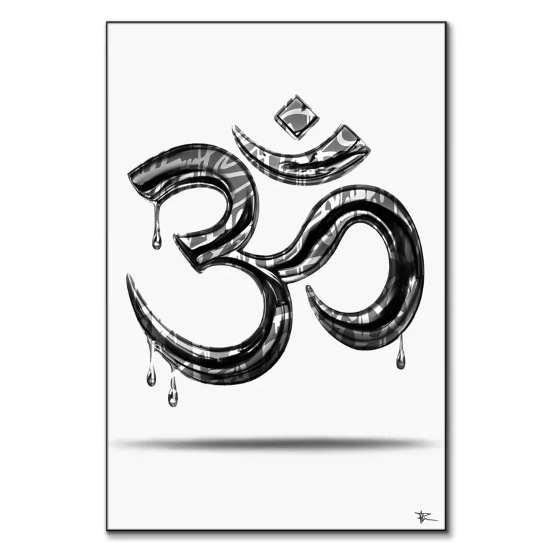 Chrome Om symbol with reflective surfaces and liquid drips, featuring silver and black tones for a modern and spiritual look.