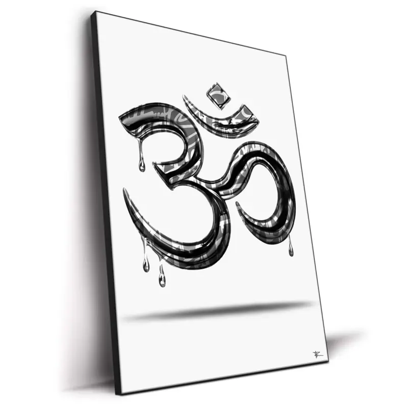 Chrome Om symbol with reflective surfaces and liquid drips, featuring silver and black tones for a modern and spiritual look.