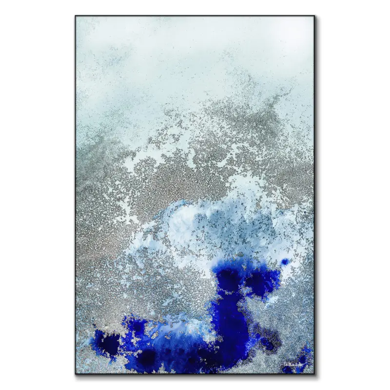 Abstract artwork of flowing dark and light blue tones with gold accents resembling ocean waves.