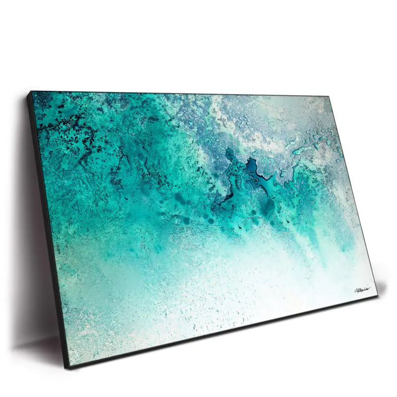 Abstract ocean artwork in vibrant turquoise and teal, textured to evoke the movement of the sea with hints of foam.