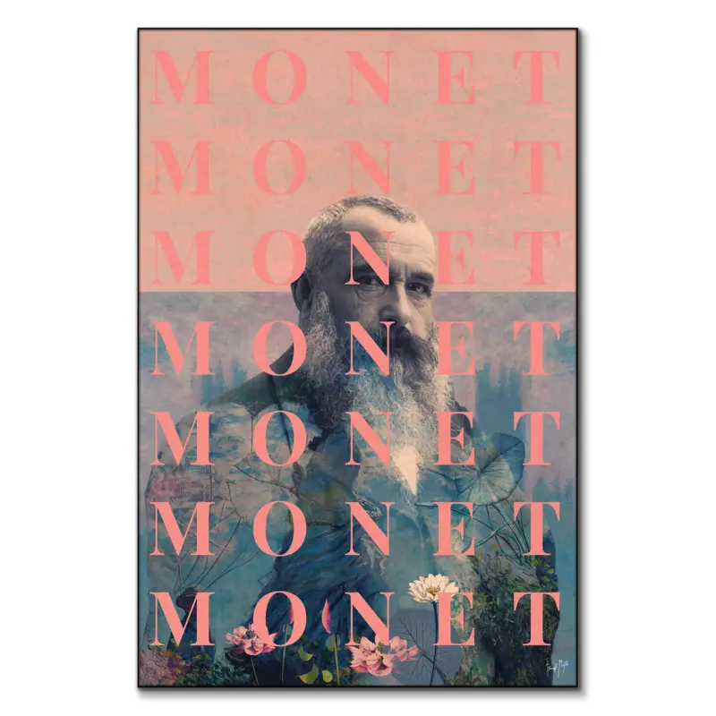 Pop art portrait of Claude Monet with floral motifs and repetitive "Monet" text.