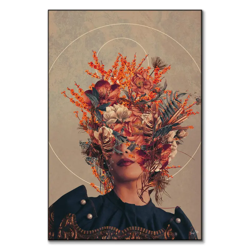 A surreal floral portrait with a woman’s face covered by vivid flowers and geometric shapes.