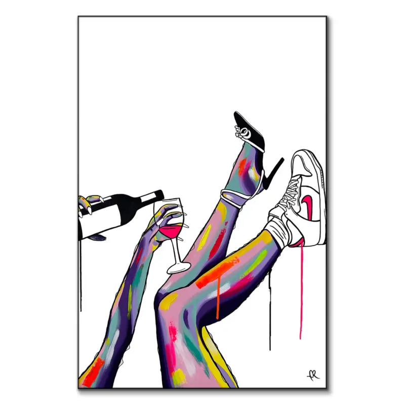 Pop art illustration blending luxury and street style with a figure holding wine and wearing Nike Jordans, surrounded by bold colors and abstract brushstrokes.