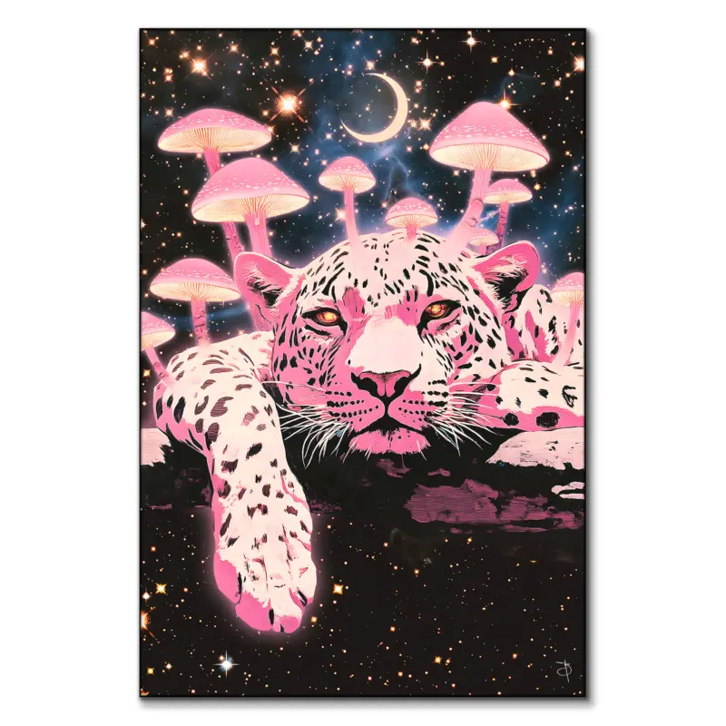 Leopard surrounded by colorful mushrooms and cosmic space elements.
