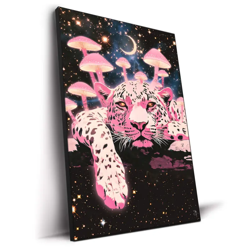 Leopard surrounded by colorful mushrooms and cosmic space elements.