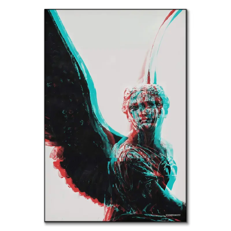 Glitch art of a classical angel statue with cyan and magenta distortion, futuristic digital effects.