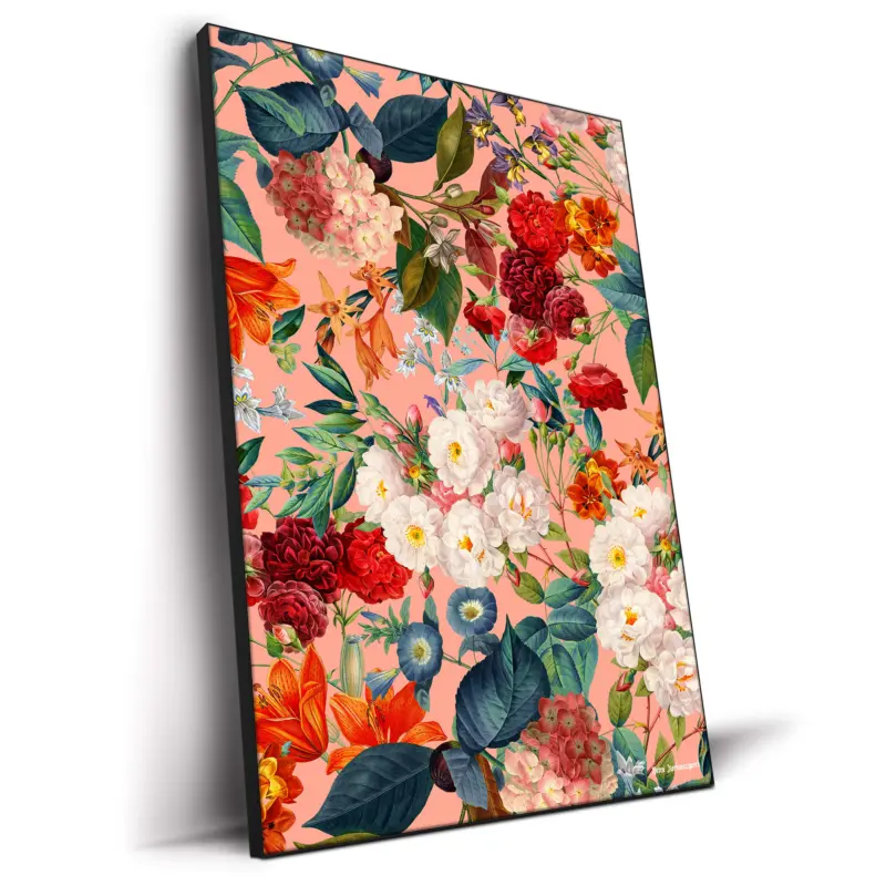 Vibrant botanical artwork featuring an array of colorful flowers, including red, white, and orange blooms, intertwined with lush green leaves against a warm peach background.