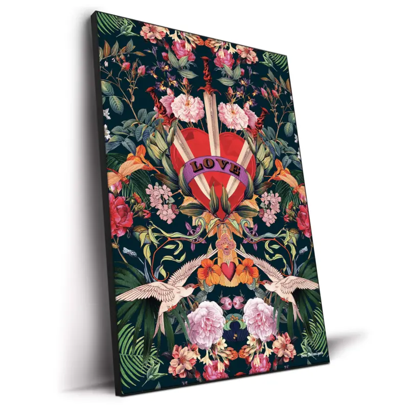 Surreal artwork featuring a radiant red heart pierced by swords, surrounded by intricate floral details, birds, and lush botanical elements against a dark background.