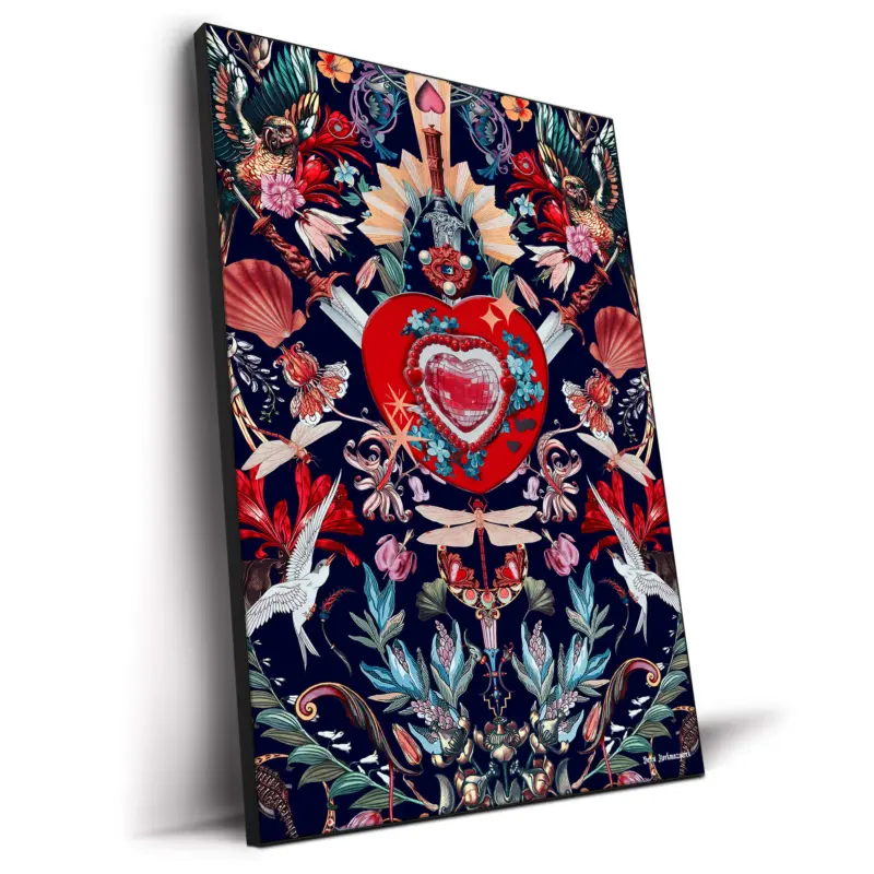 Surreal artwork featuring a jeweled red heart with swords, intricate floral details, exotic birds, and fantasy-inspired elements against a dark background.