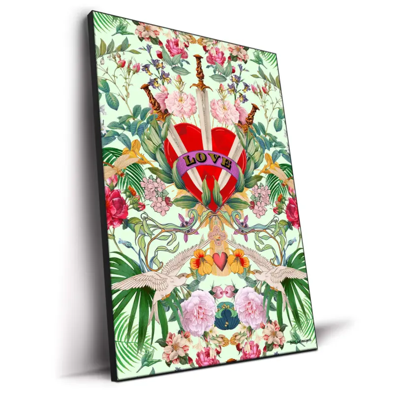 Surreal artwork featuring a jeweled red heart with swords, floral elements, and intricate details on a light green background.