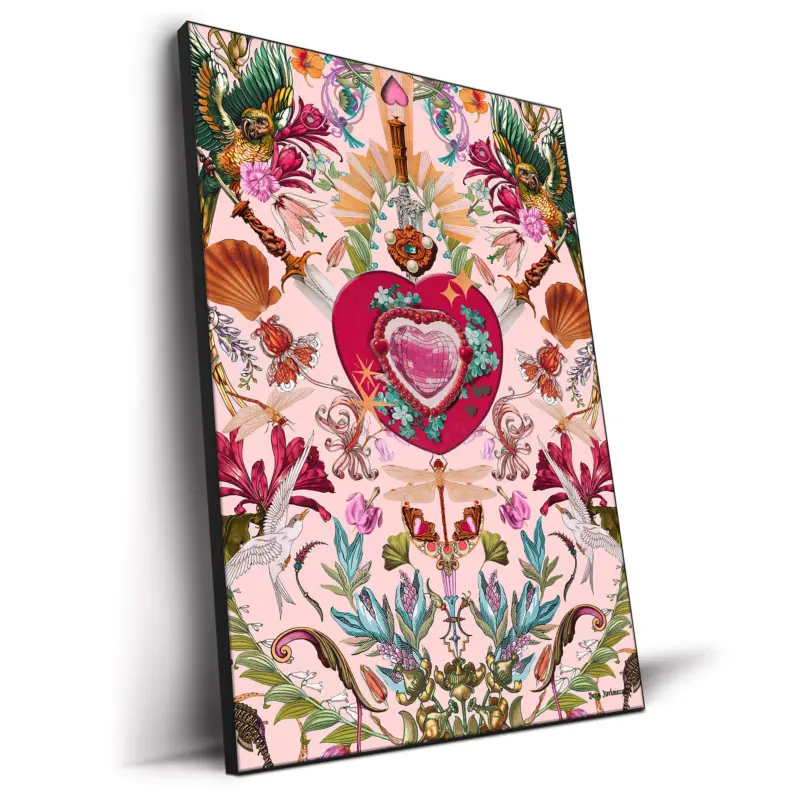 Intricate surreal artwork featuring a jeweled heart, swords, exotic birds, floral elements, and fantasy-inspired details on a soft pink background.