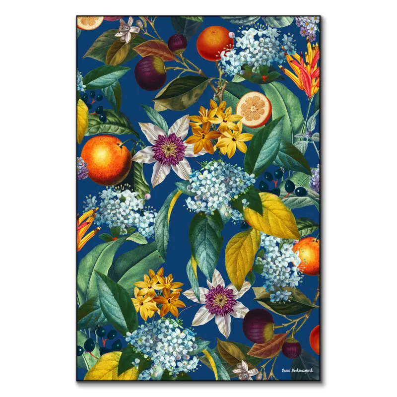 Vibrant botanical artwork featuring tropical flowers, lush green leaves, and ripe citrus fruits against a deep blue background.